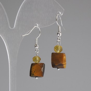Earrings with Tiger's Eye, Faceted Square 10x10 mm ±, Czech Glass Rondelle 6x5 mm ±, Length 37 mm ±