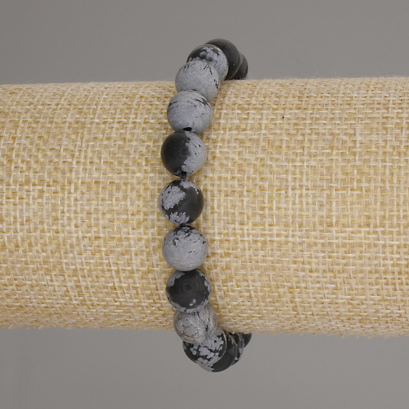 Bracelet with Snowflake Obsidian beads, 9 mm diameter, 18 cm length, stretch