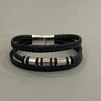 Men's black eco-leather bracelet with metal inlays, thickness 12mm ±, length 22cm ±, silver-tone metal on the clasp