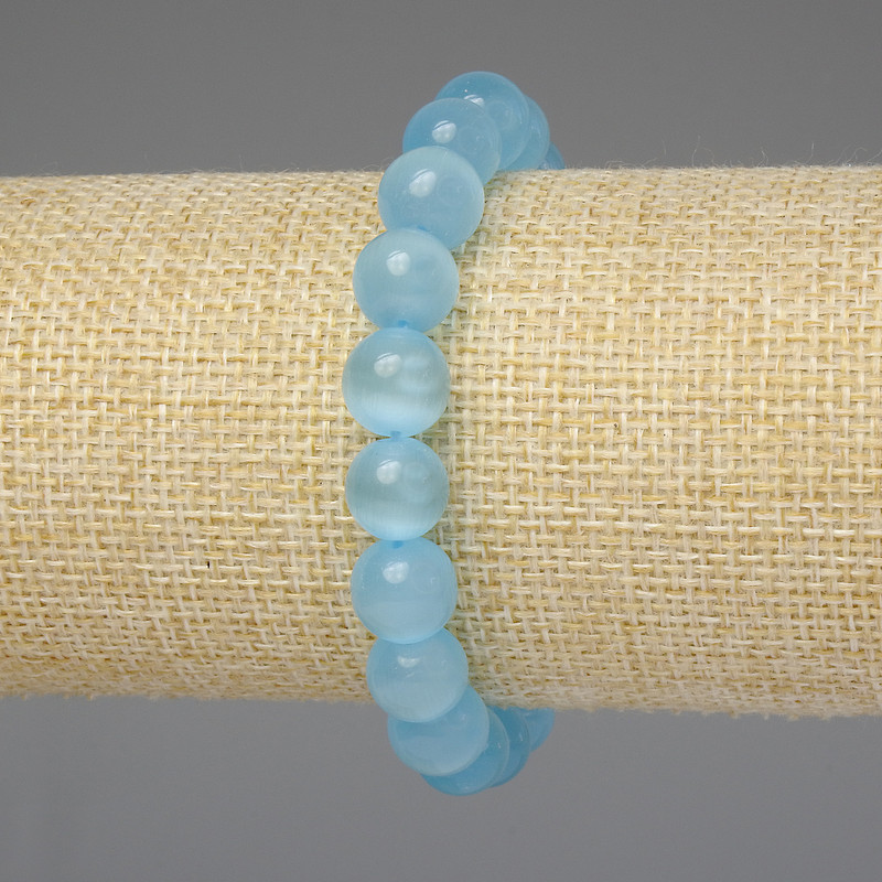 Blue Cat's Eye Bracelet with Smooth 10mm Beads, 18 cm Stretch