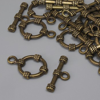 Toggle clasp hardware, diameter 19.5×3.5 mm, circle diameter 14 mm, bore diameter 9 mm, bronze patina color, 11 pcs