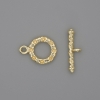 Toggle clasp hardware, gold-colored metal, circle diameter approximately 13 mm, bar length approximately 21 mm, hole diameter approximately 8 mm