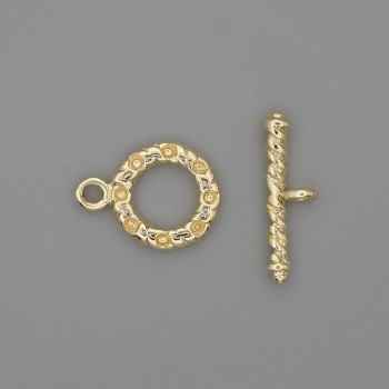 Toggle clasp hardware, gold-colored metal, circle diameter approximately 13 mm, bar length approximately 21 mm, hole diameter approximately 8 mm