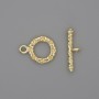 Toggle clasp hardware, gold-colored metal, circle diameter approximately 13 mm, bar length approximately 21 mm, hole diameter approximately 8 mm