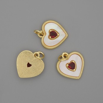 Pendant Mother-of-Pearl Heart 15×15 mm ±, red crystal, length 18 mm ±, gold-tone metal