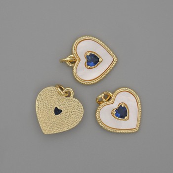 Pendant Mother-of-Pearl Heart 15x15 mm ± Blue Crystal, Length 18 mm ± Gold-Tone Metal