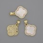 Mother-of-Pearl Clover Pendant with White Crystals, 15x15 mm, length 22 mm, gold-tone metal