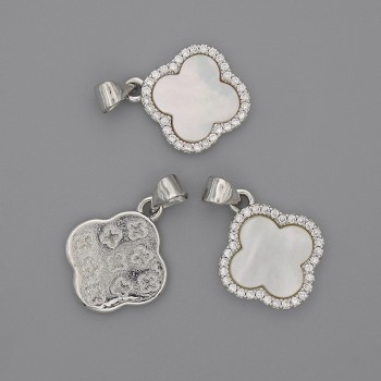 Pendant Mother-of-Pearl Clover with White Crystals 15x15 mm, length 22 mm, silver-tone metal
