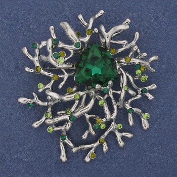 Accent Brooch-Pendant with Green Crystal, Crystals, Silver Metal 55x62mm+