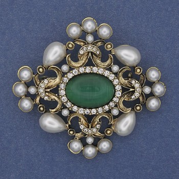 Brooch-Pendant Accent Pearl Cat's Eye White Crystals Golden Metal 53x58mm+