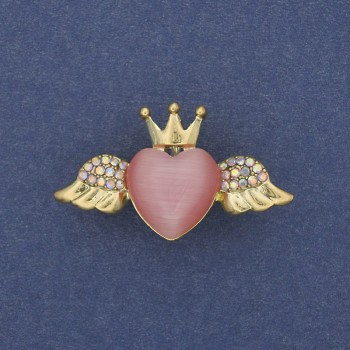 Brooch-Pendant Pink Heart Cat's Eye Crystals Golden Metal 31x18mm+