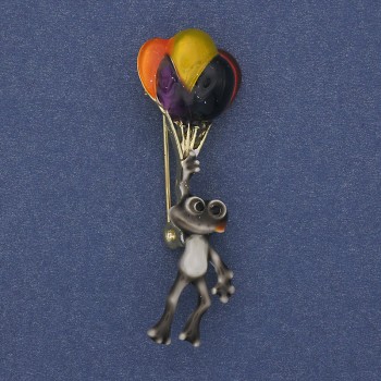 Brooch-pendant Frog with Balloons, Enamel, Golden Metal 48x17mm+