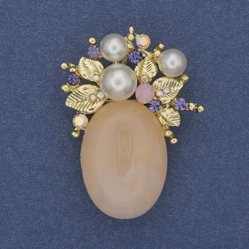 Accent Brooch-Pendant with Pink Quartz, Rhinestones and Pearls (synthetic) Gold-Tone 40x30mm+