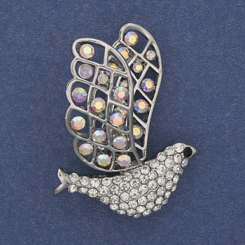 Brooch Dove with white and rainbow crystals, silver-colored metal 41x31mm+