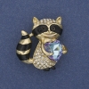 Raccoon Brooch Pendant with White Crystals, Crystal Heart, Golden Metal, 32x30mm+