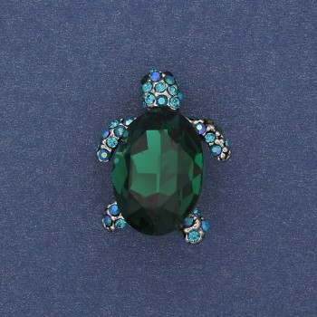 Brooch pendant Turtle green crystal silvery metal 24x18mm+