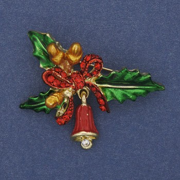 Brooch-Pendant New Year Sprig with Bow and Bell, enamel, crystals, golden metal, 44×30 mm+