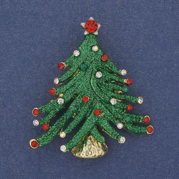 Brooch pendant New Year's Tree green enamel crystals gold-tone metal 43x37mm +