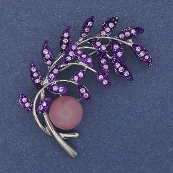 Brooch Twig Pink Cat's Eye Purple Crystals Silver-Tone Metal 54x46mm +