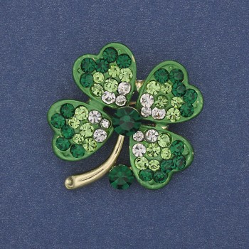 Shamrock Brooch Pendant with White and Green Crystals on Golden Metal, diameter 31x36mm +