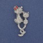 Cat Brooch with White and Red Rhinestones, Silver-Tone Metal 43×25mm+