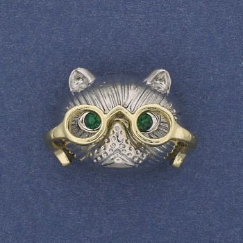 Brooch pendant Cat in Glasses with Green Rhinestones Silver-Toned Metal 29x21mm+