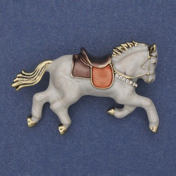 Horse Brooch with White Enamel and White Rhinestones on Golden Metal 50x32mm+