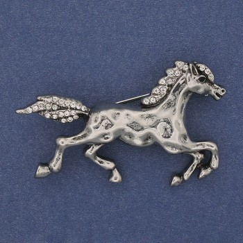 Brooch 'Horse' with white crystals, silver metal, 50×32mm+