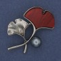 Brooch Twig - Red Color, Pearl, Silver Metal, 48x38mm+