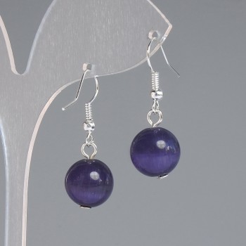 Earrings Purple Cat's Eye Smooth Ball, diameter 11.5 mm, length 30 mm, silver-toned metal
