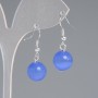 Blue Cat's Eye Earrings with a Smooth Ball, 12 mm Diameter, 30 mm Length, Silver-Colored Metal