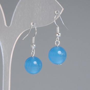 Azure Cat's Eye Earrings with a Smooth Ball, Diameter 11.5 mm, Length 30 mm, Silver-tone Metal