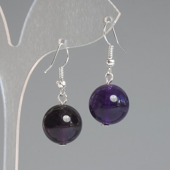 Amethyst Earrings with Natural Amethyst Gem, Smooth Ball, 14 mm Diameter, 32 mm Length, Silver-Toned Metal