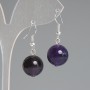 Amethyst Earrings with Natural Amethyst Gem, Smooth Ball, 14 mm Diameter, 32 mm Length, Silver-Toned Metal