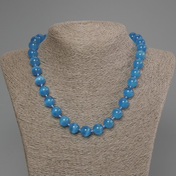 Azure Cat's Eye Necklace with smooth beads, 11 mm diameter, 50 cm length +/- with a clasp