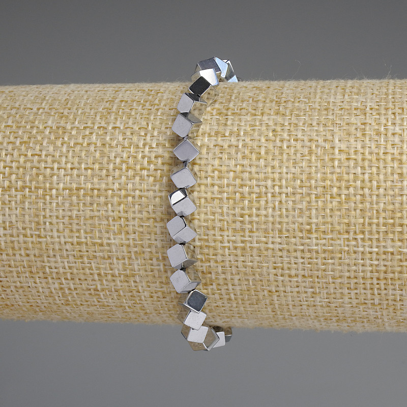 Hematite cube bracelet with crosswise hole, silver color, 4x4 mm, length 18 cm, stretch