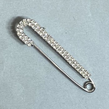 Brooch pin with white crystals, 72×18 mm, silver-tone