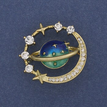 Planet Brooch enamel white crystals gold-tone metal 30mm+