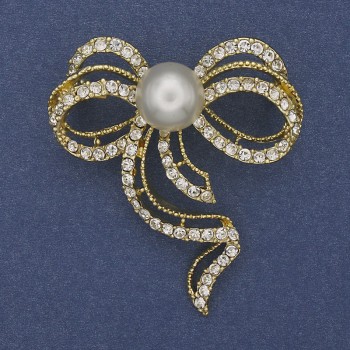 Brooch Bow Pearl with White Crystals, Gold-Tone Metal 43x50mm+