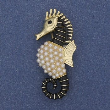 Seahorse Brooch in Black and Gold Enamel