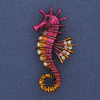 Seahorse Brooch-Pendant Colorful Rhinestones Pink Enamel Gold-Tone Metal 24x49mm+