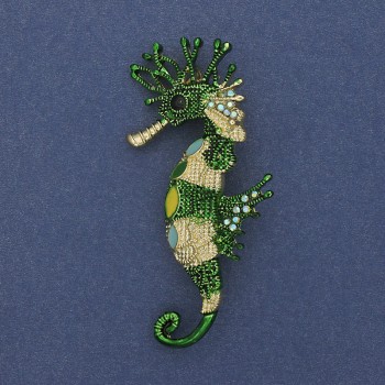 Seahorse Brooch-Pendant with Colored Rhinestones, Green and Gold Enamel, Gold-Tone Metal, 63x31 mm+