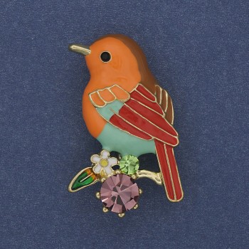 Brooch 'Bird' with colored enamel, crystals, golden metal 24x38mm +