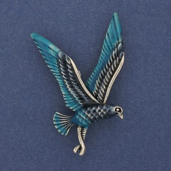 Bird Brooch, blue and silver enamel on golden metal, 38x56 mm +