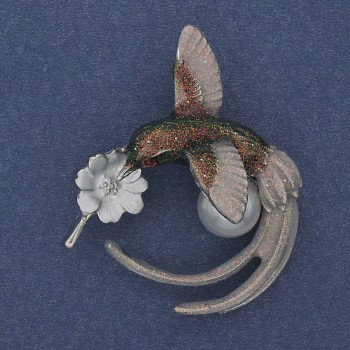 Brooch Hummingbird green-gray and silver enamel, pearl, silver metal 35x43 mm +