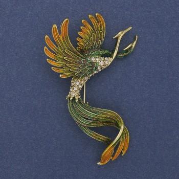 Bird Brooch, green and yellow enamel, crystals, golden metal, 43x67 mm +