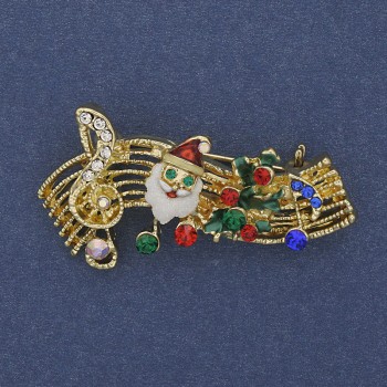 Brooch 'New Year Melody' red, green and white enamel, crystals, gold-toned metal, 23×43 mm +
