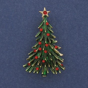 Brooch Christmas Tree green enamel crystals golden metal 24×42 mm +