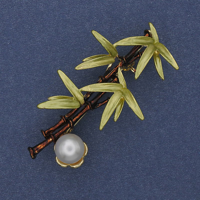 Brooch pendant Bamboo with Pearl enamel, 27x49 mm, ± gold-tone metal