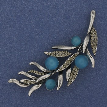 Brooch Sprig with Blue Cat's Eye, Gray Crystals, 67x26mm, Silver-Tone Metal